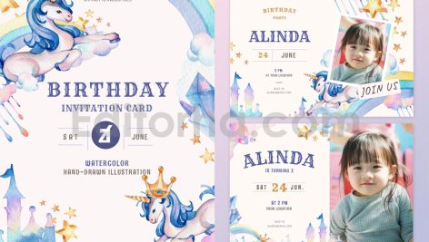 دانلود فایل لایه باز کارت دعوت تولد تم یونیکورن birthday invitation card