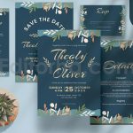 دانلود لایه باز مجموعه کارت دعوت عروسی آبی با تزئین گل Wedding Invitation