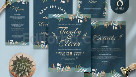دانلود لایه باز مجموعه کارت دعوت عروسی آبی با تزئین گل Wedding Invitation