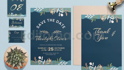 دانلود لایه باز مجموعه کارت دعوت عروسی آبی با تزئین گل Wedding Invitation