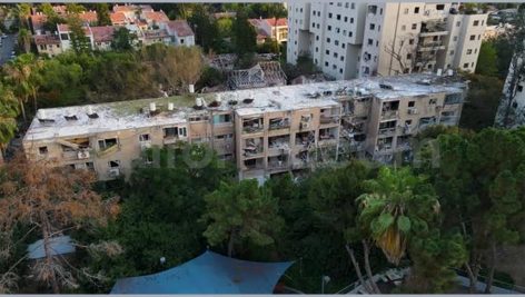 Side Drone View of Missile-Damaged Building in North Tel Aviv - Israel