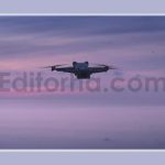 The Quadcopter Hovered in the Air Against the Backdrop of the Sea and a Beautiful Pink Sunset The