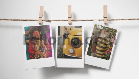 Polaroid Images on wall with clipper and rope