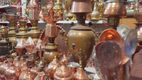 Wide range of traditional Iranian copper cookware, Kashan, Iran